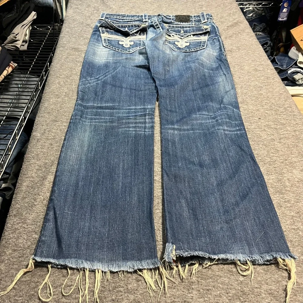 Rock Revival John Straight Distressed Blue Jeans Mens 34 Fleur De Lis Raw Hem